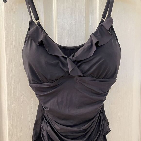 Lauren Ralph Lauren Black Ruffle One-Piece Swimsuit Beach Club Solids Size 14 - Picture 3 of 13
